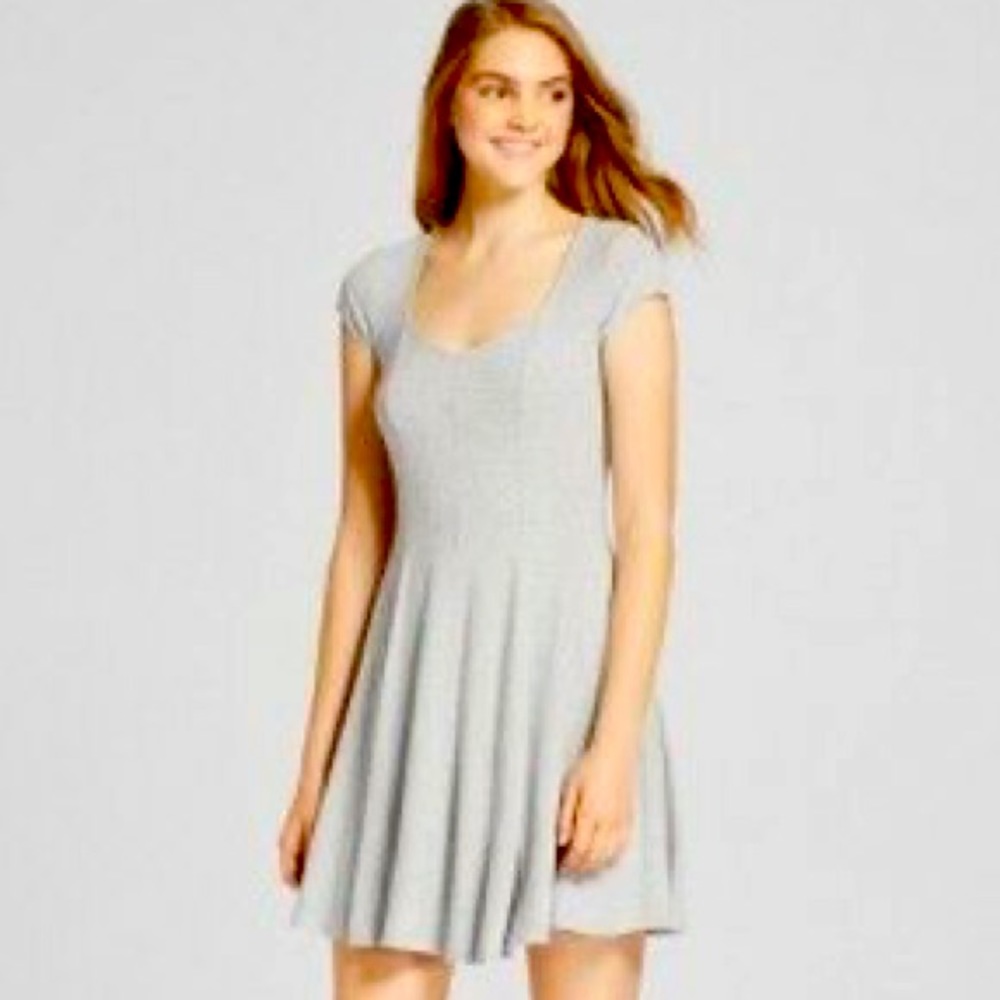 Grey Square Neck Ribbed Dress